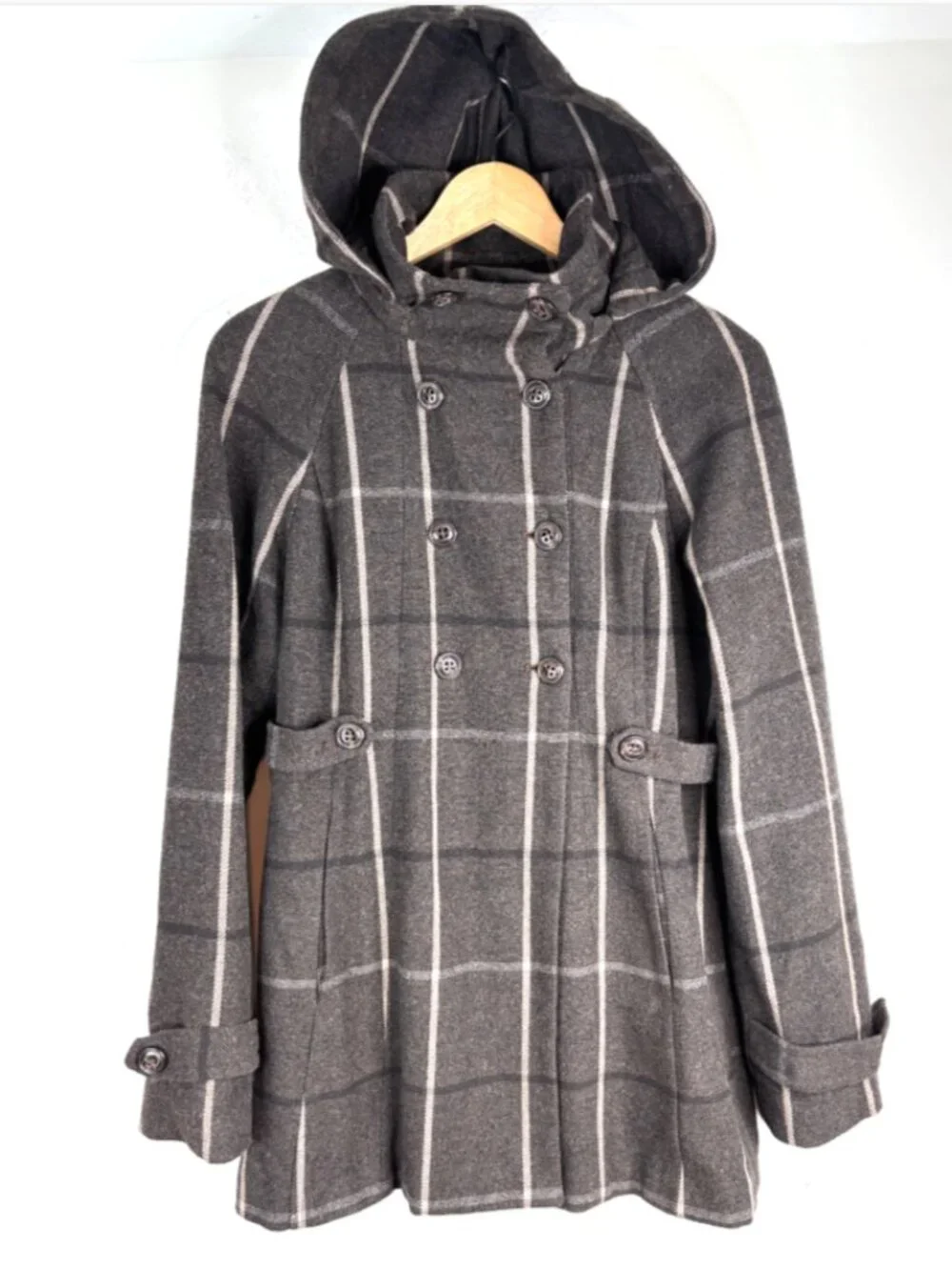 Banana Republic Wool Plaid Pea Coat M Brown Double Breasted Hood Preppy Heritage